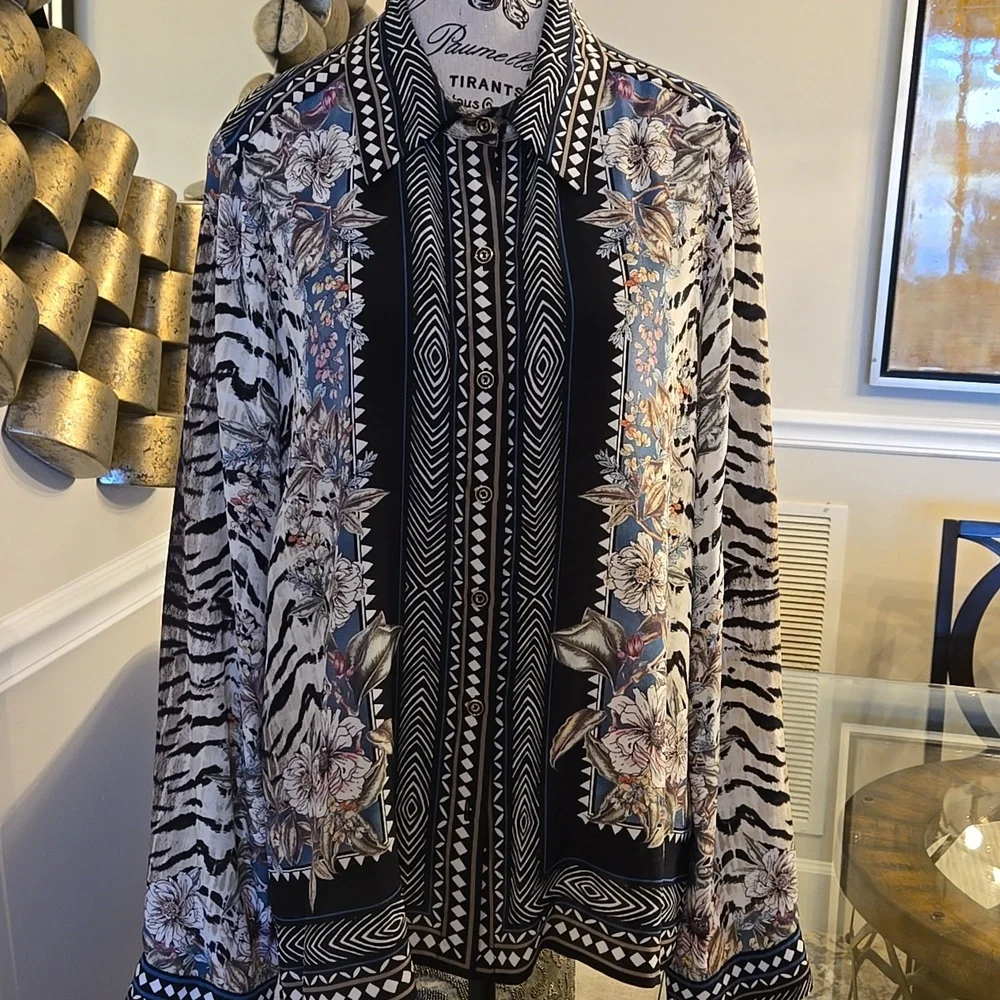 Hale Bob Floral Black, White, Blue Zebra Detail Luxuey Blouse - Picture 1 of 8